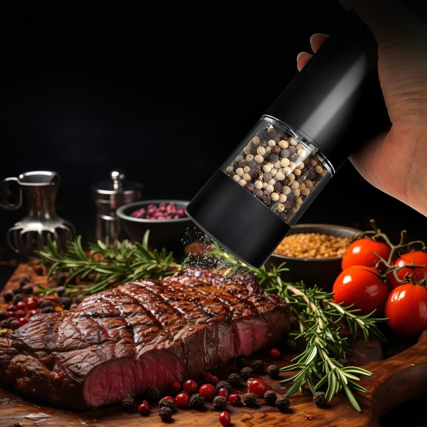 Electric Pepper Grinder,USB Rechargeable Salt and Pepper Mill with Adjustable Coarseness and LED Light,One Touch Operation for BBQ,Kitchen,Restaurant,Camping(Black)