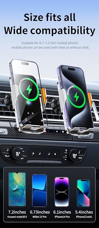 Premium Wireless Car Phone Holder and Charger, Qi Fast Charging Mount with Automatic Sensor, 15W Auto-Clamping Air Vent Phone Compatible with iPhone & Android