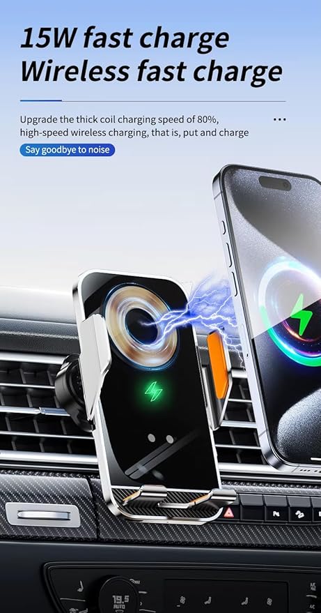 Premium Wireless Car Phone Holder and Charger, Qi Fast Charging Mount with Automatic Sensor, 15W Auto-Clamping Air Vent Phone Compatible with iPhone & Android