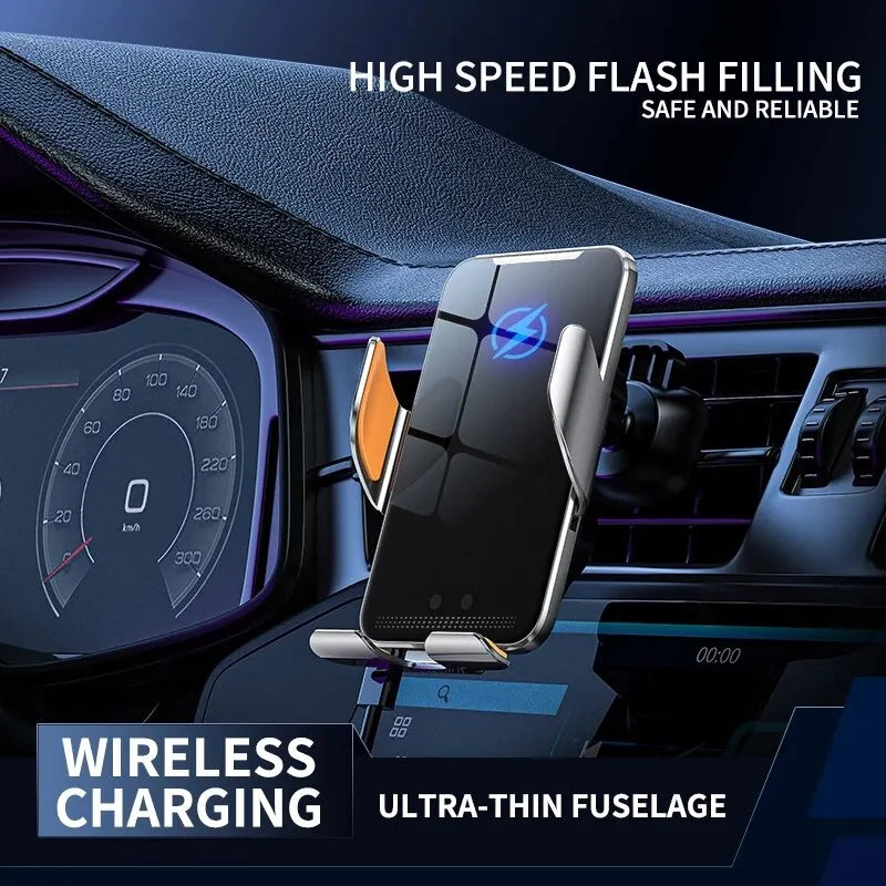 Wireless Car Phone Holder and Charger, Qi Fast Charging Mount with Automatic Sensor, 15W Auto-Clamping Air Vent Phone Holder Compatible with iPhone & Android