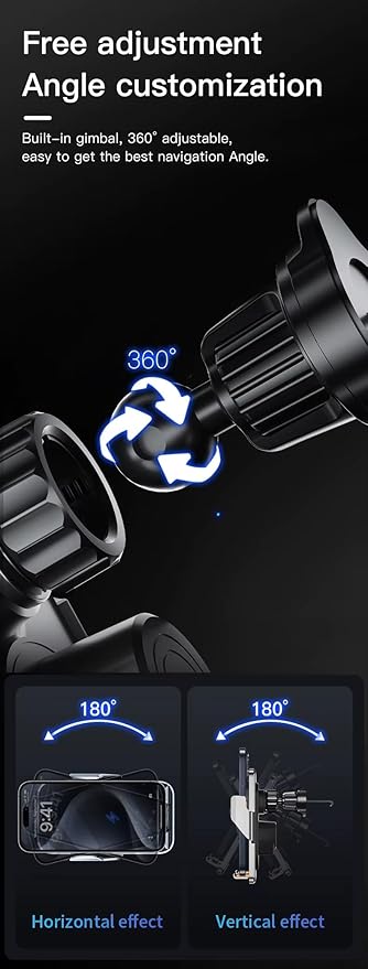 Premium Wireless Car Phone Holder and Charger, Qi Fast Charging Mount with Automatic Sensor, 15W Auto-Clamping Air Vent Phone Compatible with iPhone & Android