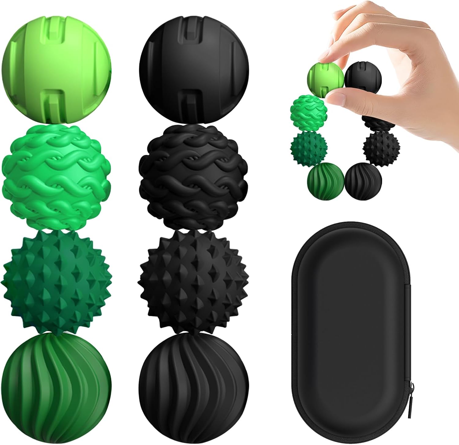 8Pcs Silicone Magnetic Fidget Toys, Silicone Sensory Ball, Textured Sensory Stress Relief Balls, Desk Toy for Office & Home, Cool for Men & Women - Black & Green