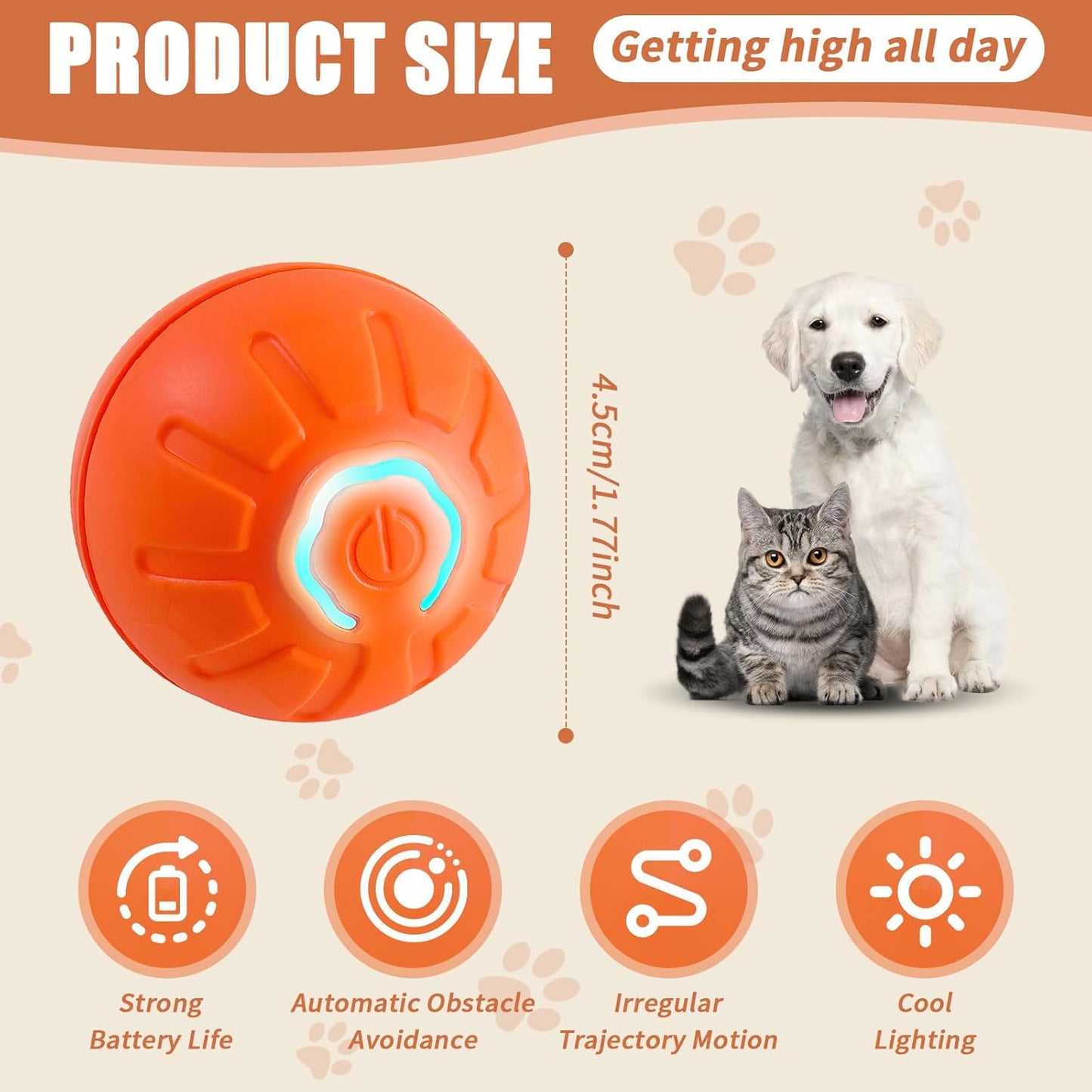 Electric Interactive Dog Toy Ball, Automatic Active Rolling Balls for Small Medium Dogs, Self Moving Bouncing Jumping Rechargeable Funny Pet Toys for Boredom Puppy Cat Kitten Indoor Outdoor (Orange)