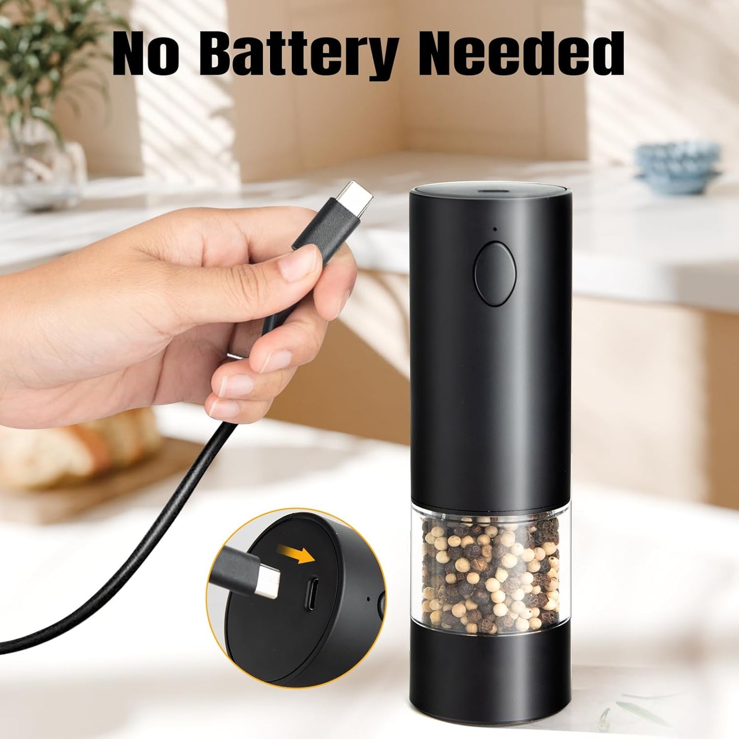 Electric Pepper Grinder,USB Rechargeable Salt and Pepper Mill with Adjustable Coarseness and LED Light,One Touch Operation for BBQ,Kitchen,Restaurant,Camping(Black)