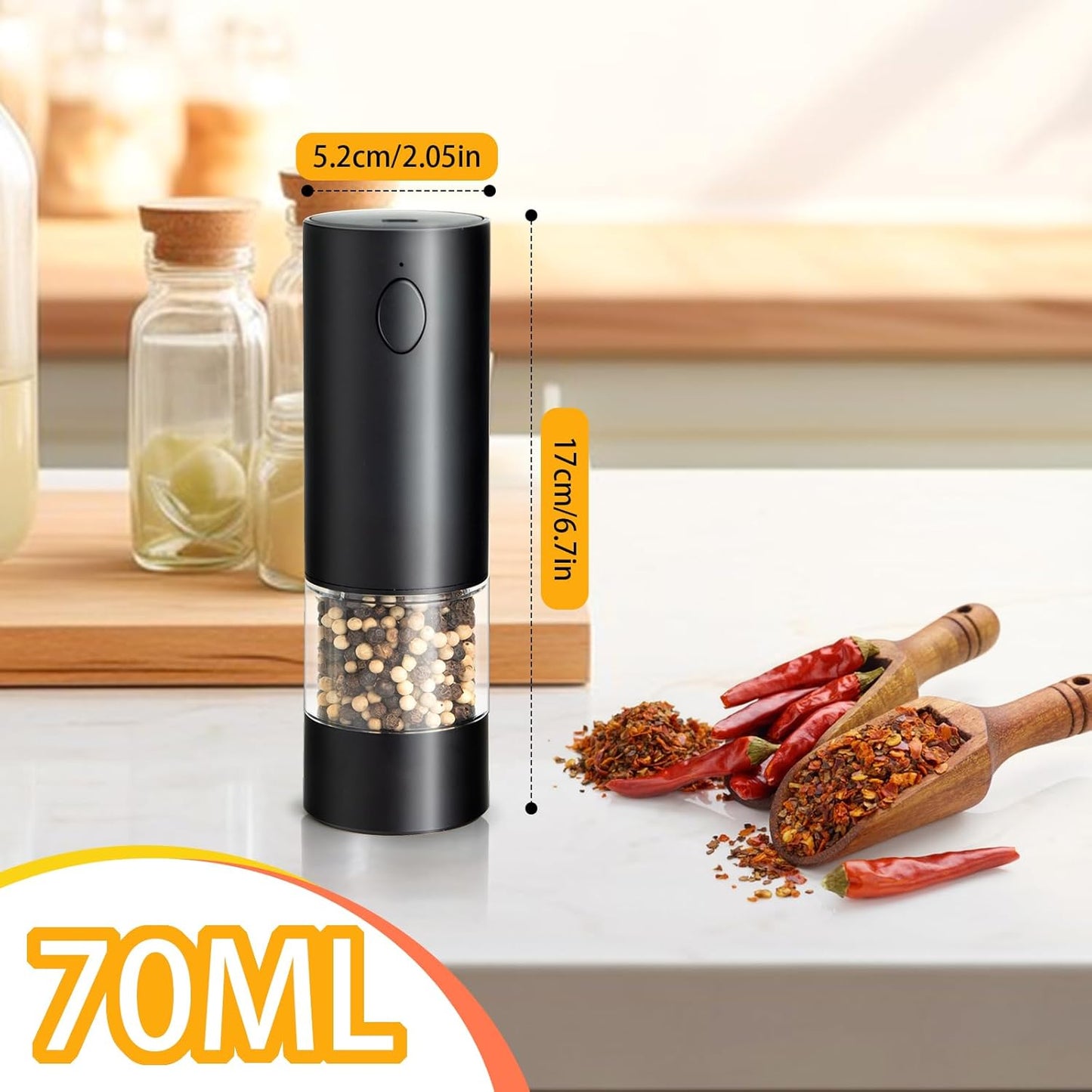 Electric Pepper Grinder,USB Rechargeable Salt and Pepper Mill with Adjustable Coarseness and LED Light,One Touch Operation for BBQ,Kitchen,Restaurant,Camping(Black)