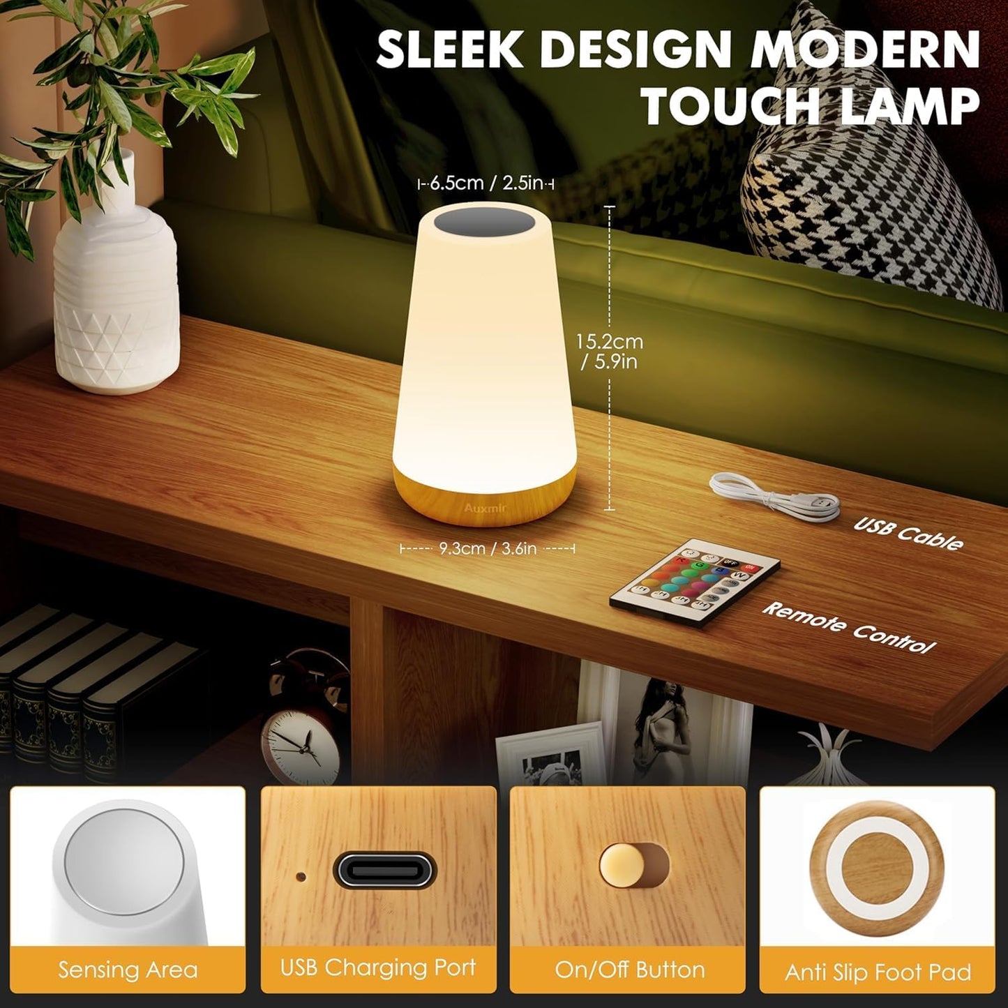 Auxmir Night Light, LED Touch Bedside Table Lamp, Remote Control Dimmable Light with RGB Color Changing, USB Rechargeable, Portable Lamp for Children, Kids, Bedroom, Living Room, Camping