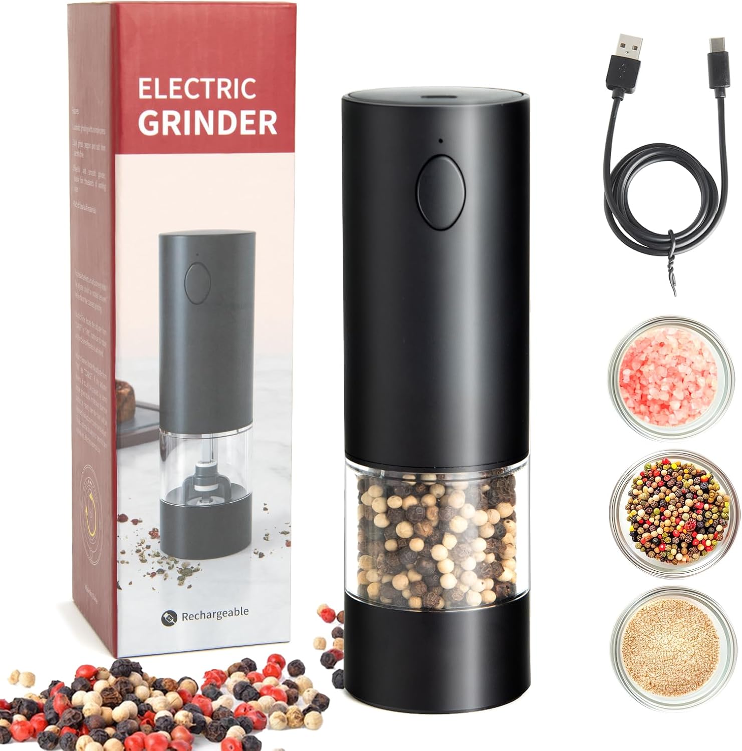 Electric Pepper Grinder,USB Rechargeable Salt and Pepper Mill with Adjustable Coarseness and LED Light,One Touch Operation for BBQ,Kitchen,Restaurant,Camping(Black)