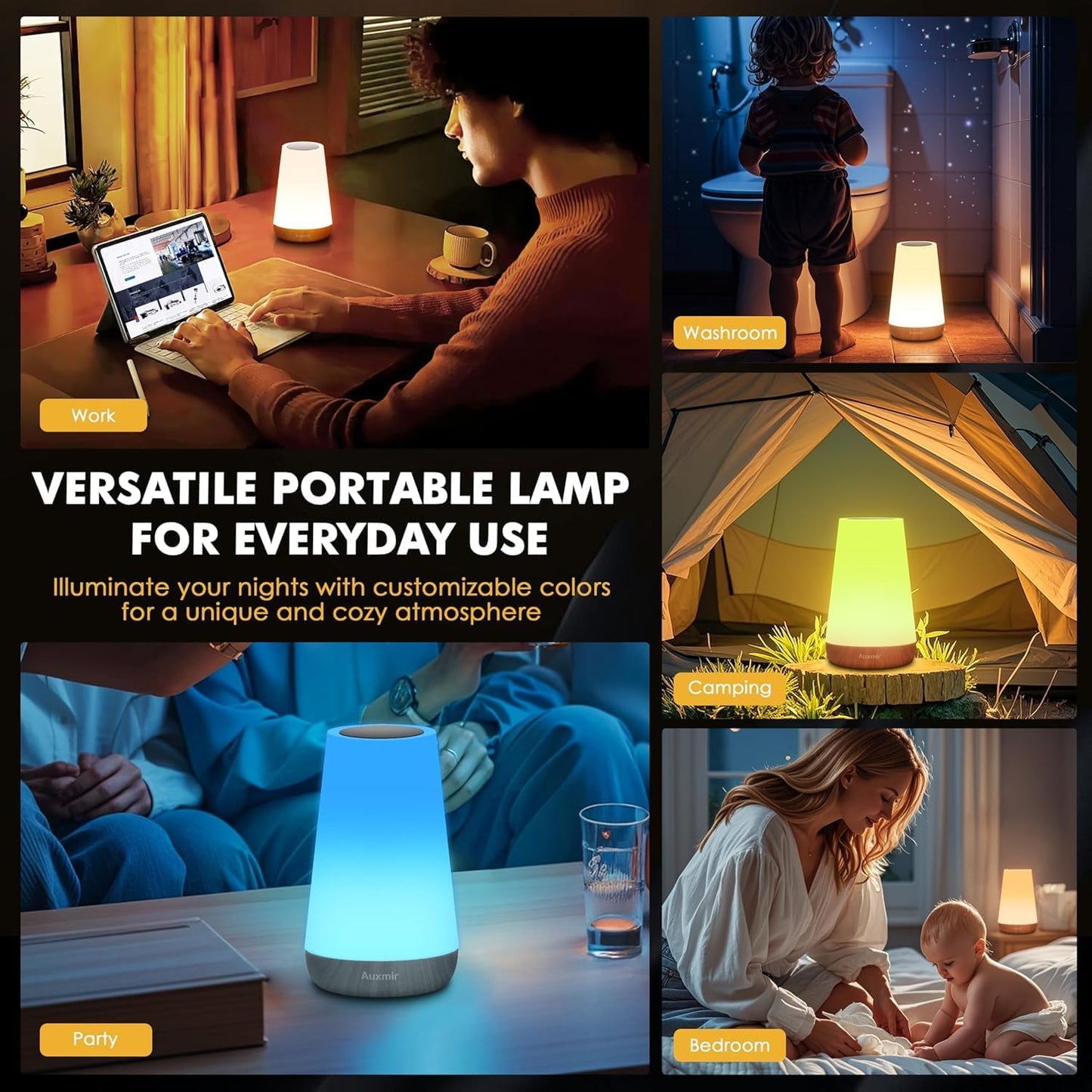 Auxmir Night Light, LED Touch Bedside Table Lamp, Remote Control Dimmable Light with RGB Color Changing, USB Rechargeable, Portable Lamp for Children, Kids, Bedroom, Living Room, Camping
