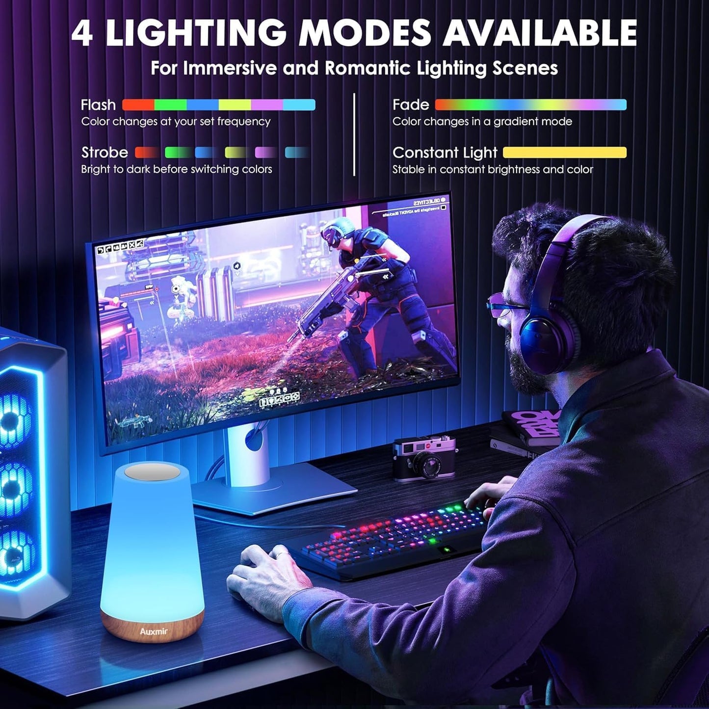 Auxmir Night Light, LED Touch Bedside Table Lamp, Remote Control Dimmable Light with RGB Color Changing, USB Rechargeable, Portable Lamp for Children, Kids, Bedroom, Living Room, Camping