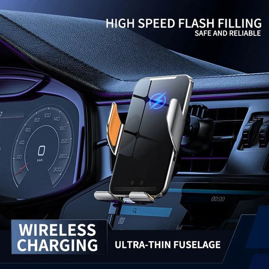 Wireless Car Phone Holder and Charger, Qi Fast Charging Mount with Automatic Sensor, 15W Auto-Clamping Air Vent Phone Holder Compatible with iPhone & Android